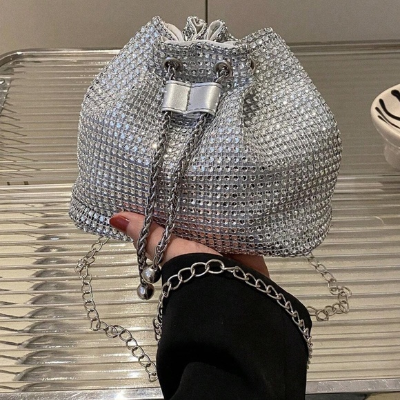 Luxe Textured Chain Handle Bucket Evening Party Formal Shoulder Crossbody - Picture 7 of 9